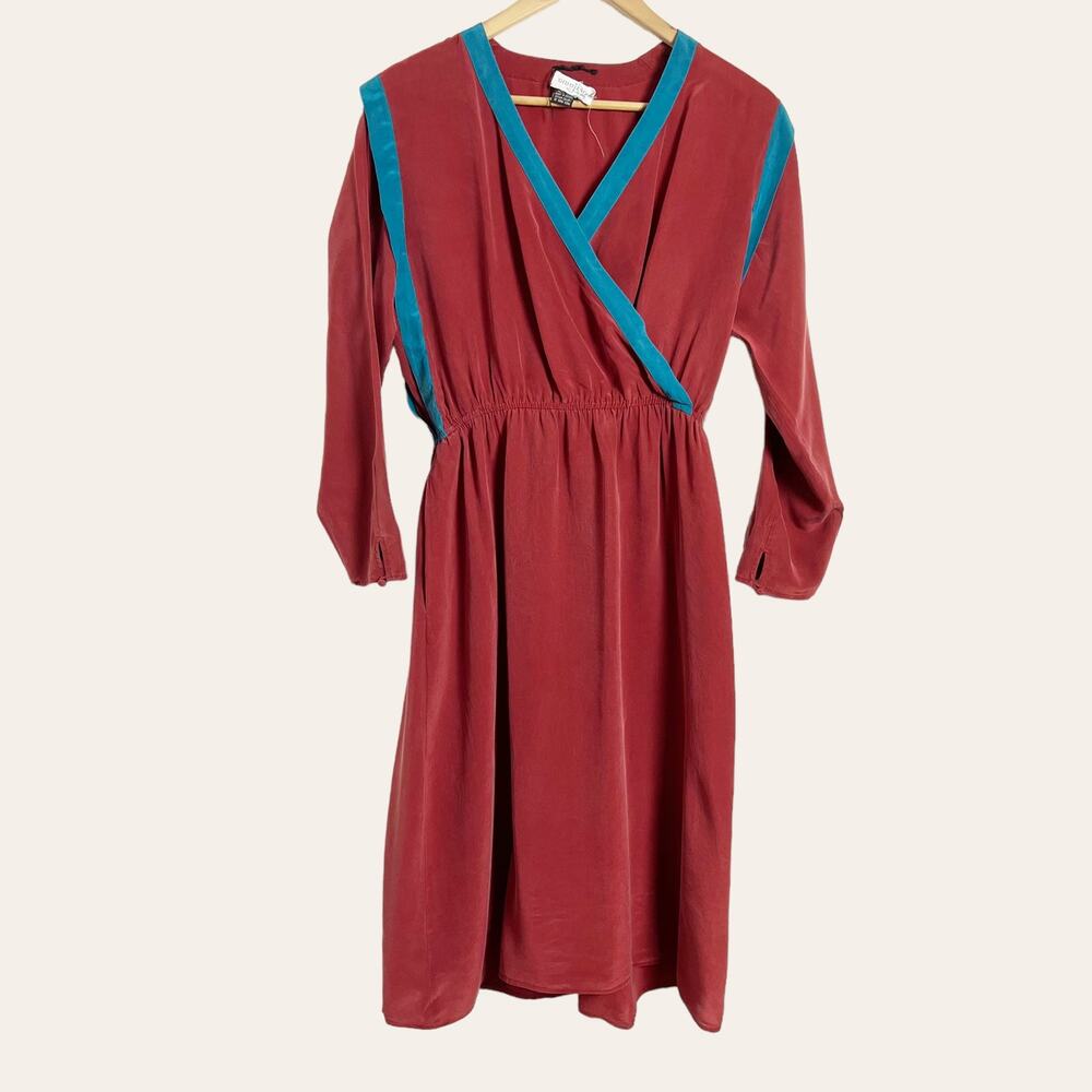 Vintage Gidding Jenny Red Blue Silk Long Sleeve V-Neck Dress Size 10